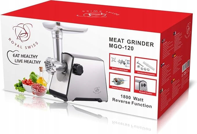 Royal Swiss 1800W Electric Meat Grinder – 3 Grinding Plates (Copper Motor) Packaging status original