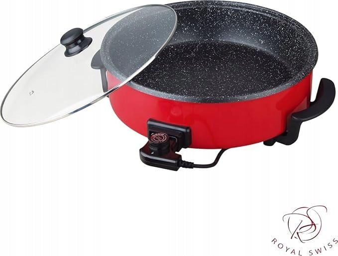 Royal Swiss 42cm Multifunction Electric Frying Pan with Glass Lid, Red Dominant color red