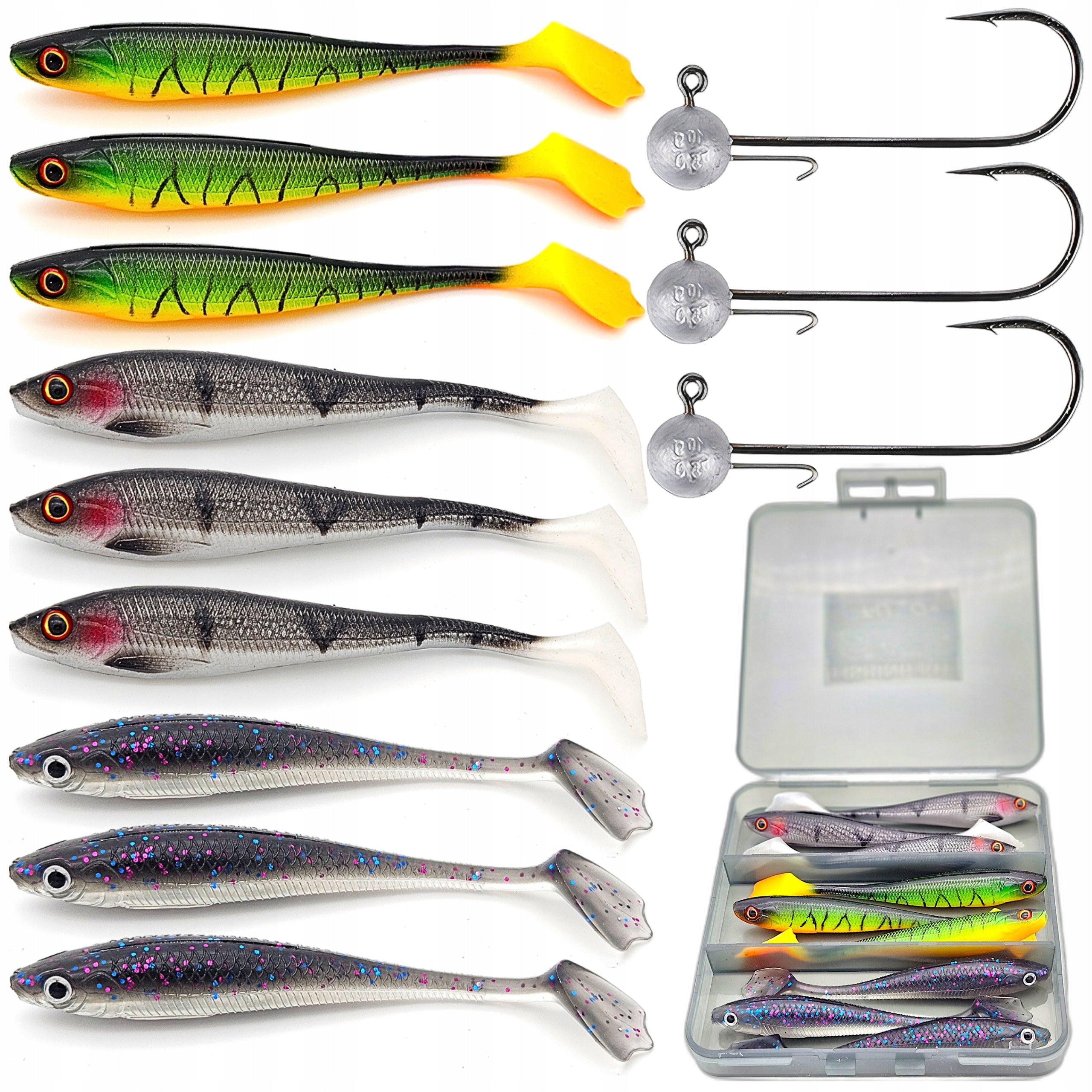 Rubber ETUSO Panther 9cm + Jig Heads 3/0 for Pike Perch Set of 12pcs