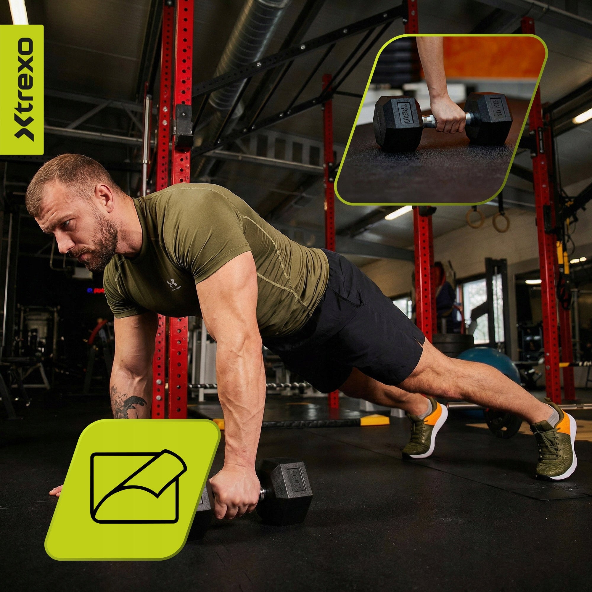Rubberized dumbbell XTREXO Hex 10 kg HEXAGONAL ANTI-SLIP SOLID Kind coated/rubberized