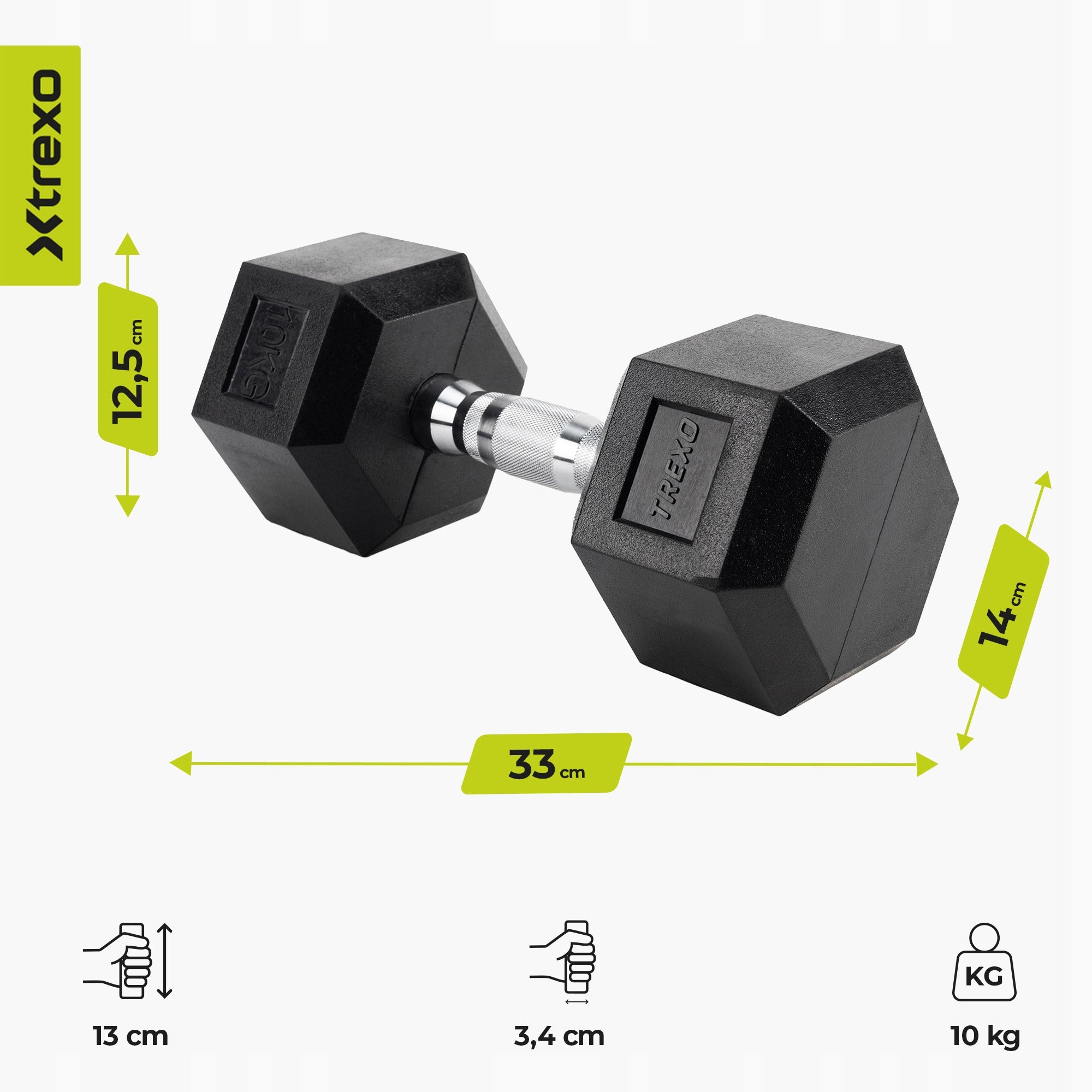 Rubberized dumbbell XTREXO Hex 10 kg HEXAGONAL ANTI-SLIP SOLID Manufacturer code HXD100
