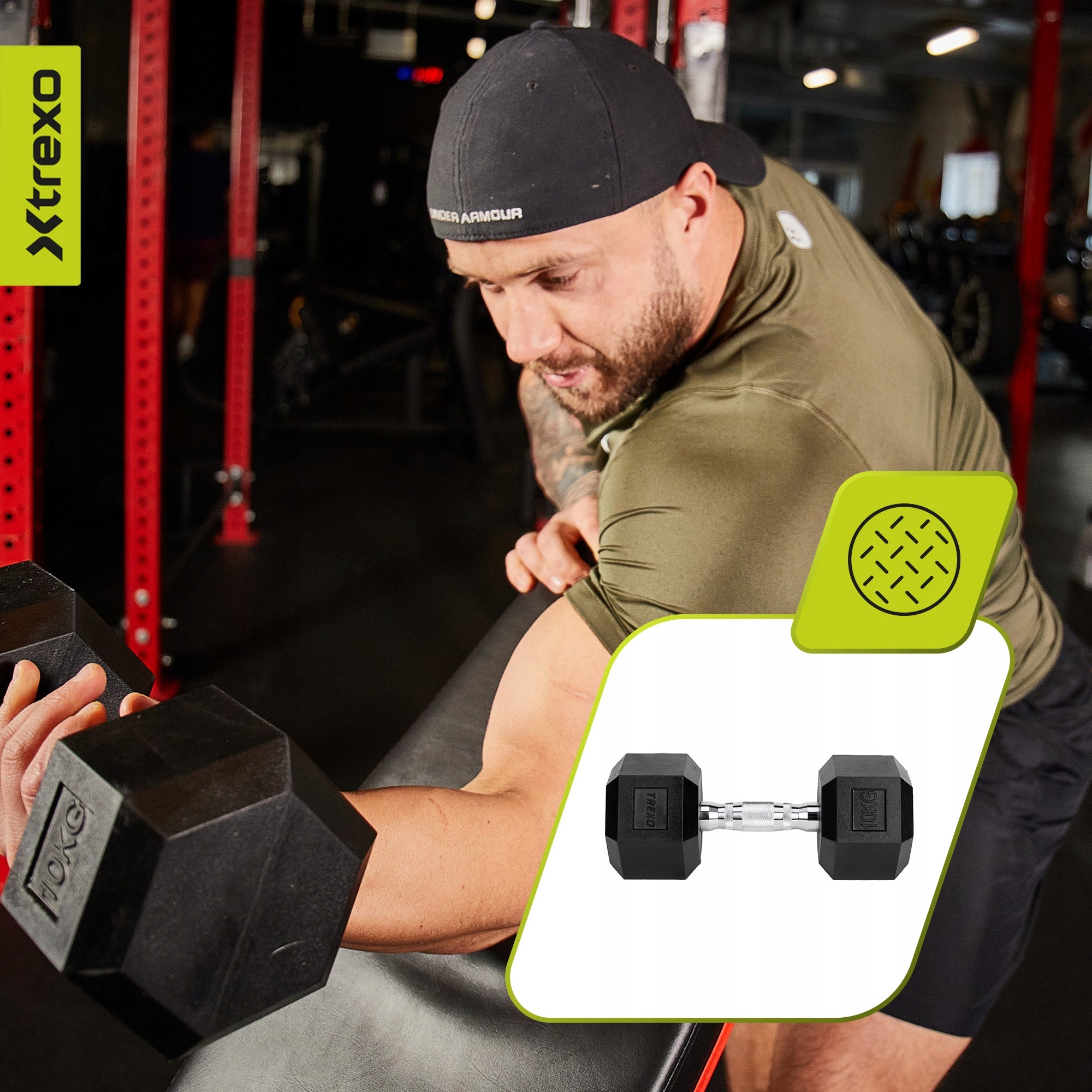 Rubberized dumbbell XTREXO Hex 10 kg HEXAGONAL ANTI-SLIP SOLID Model Hex HXD100