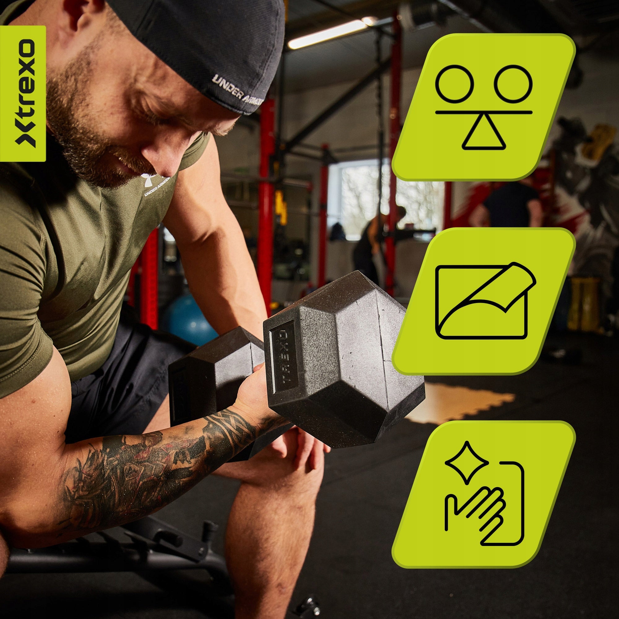 Rubberized dumbbell XTREXO Hex 10 kg HEXAGONAL ANTI-SLIP SOLID Type fixed