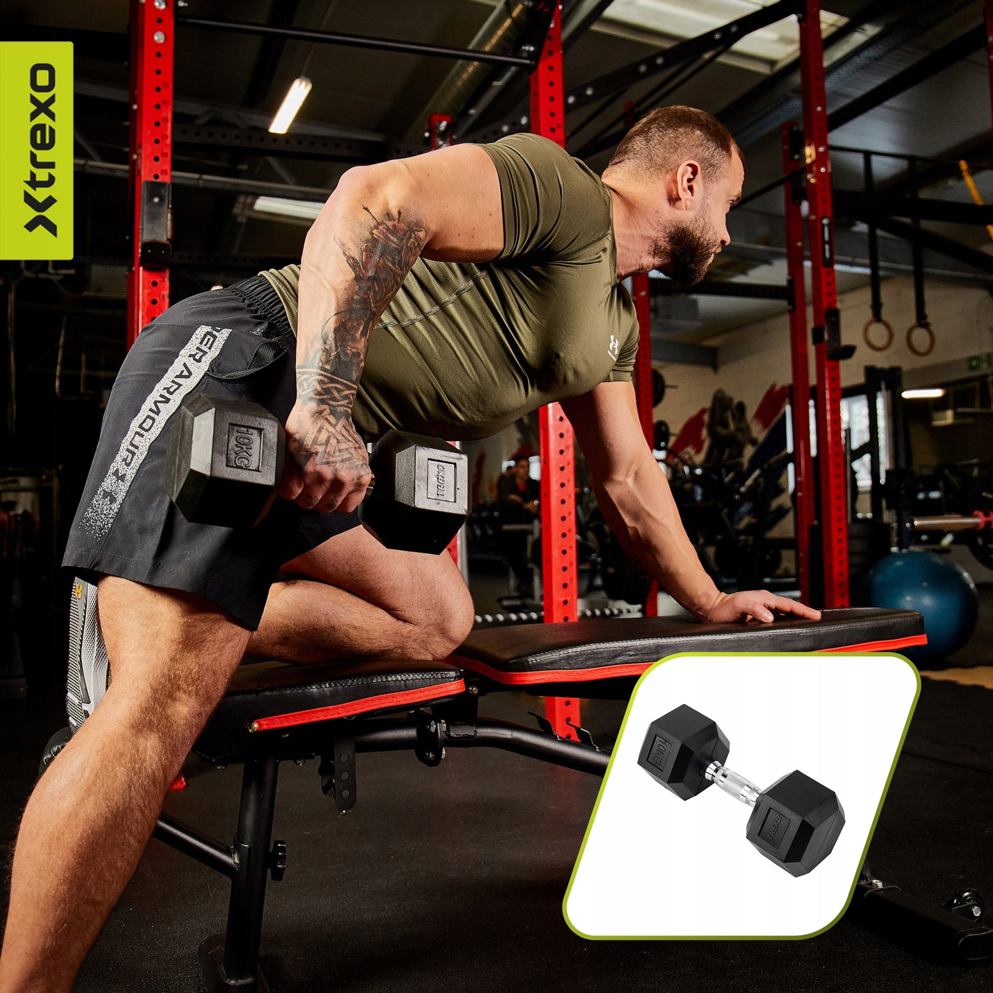Rubberized dumbbell XTREXO Hex 10 kg HEXAGONAL ANTI-SLIP SOLID Weight 1x 10 kg