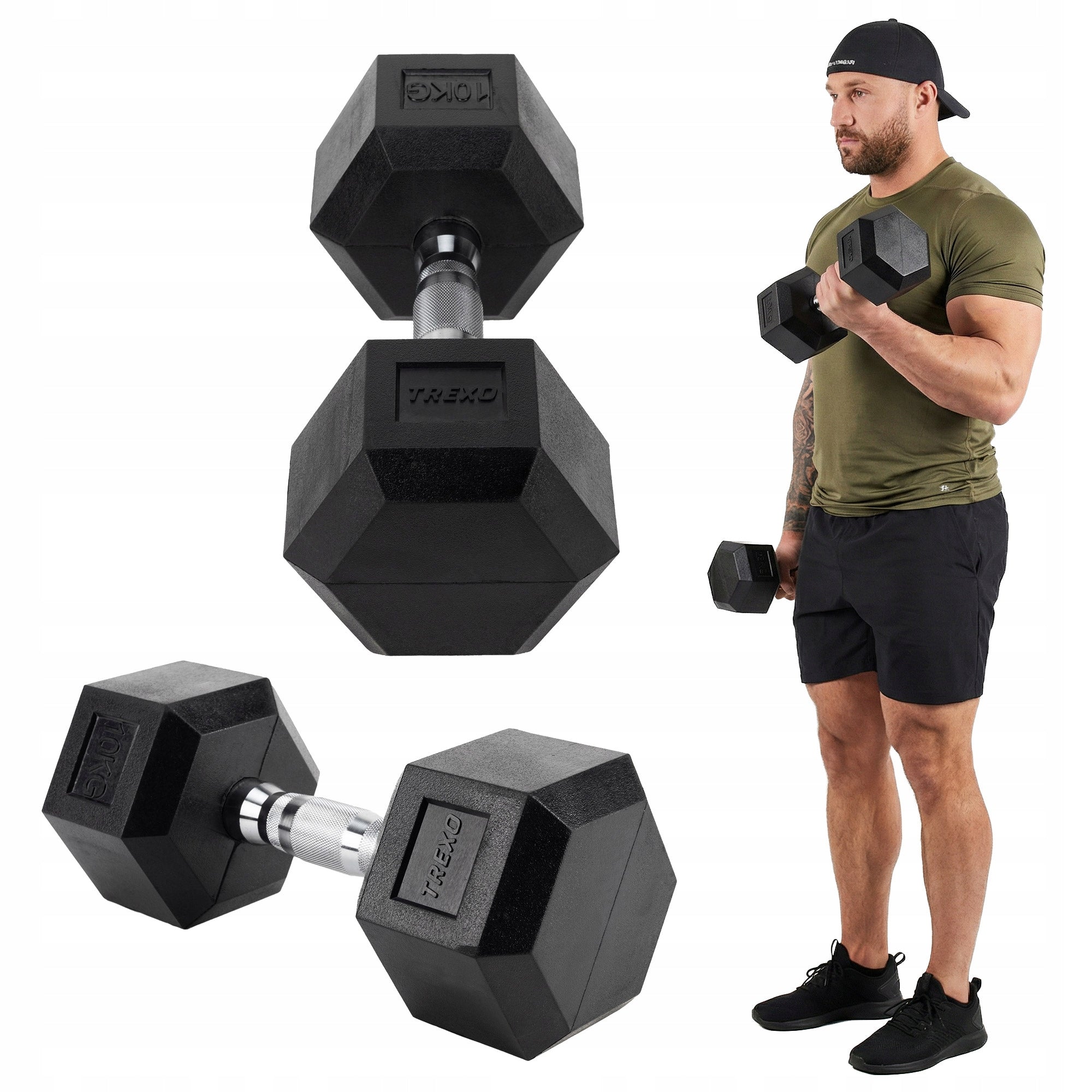 Rubberized dumbbell XTREXO Hex 10 kg HEXAGONAL ANTI-SLIP SOLID