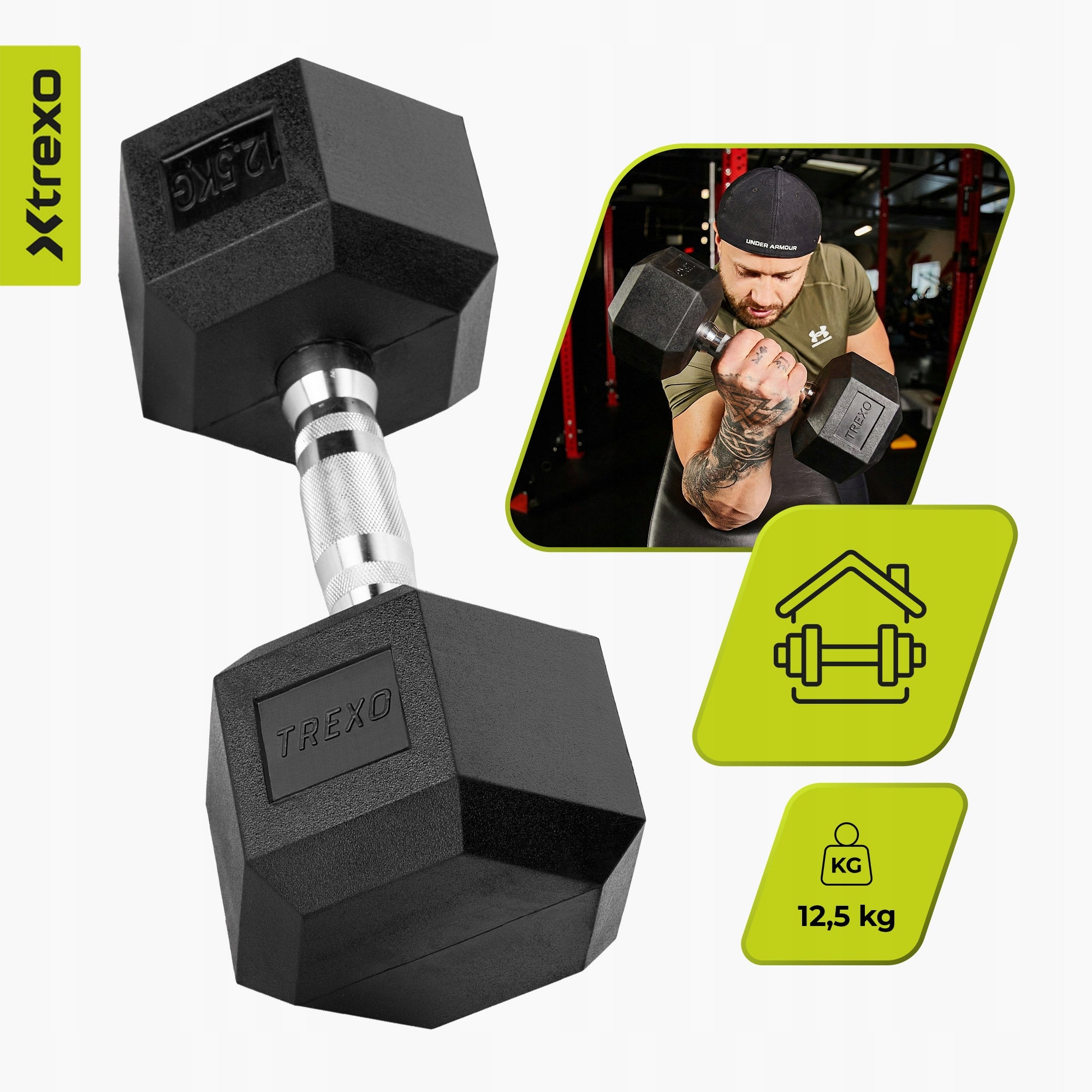 Rubberized dumbbell XTREXO Hex 12.5kg CAST IRON NON-SLIP FOR EXERCISE Brand Xtrexo