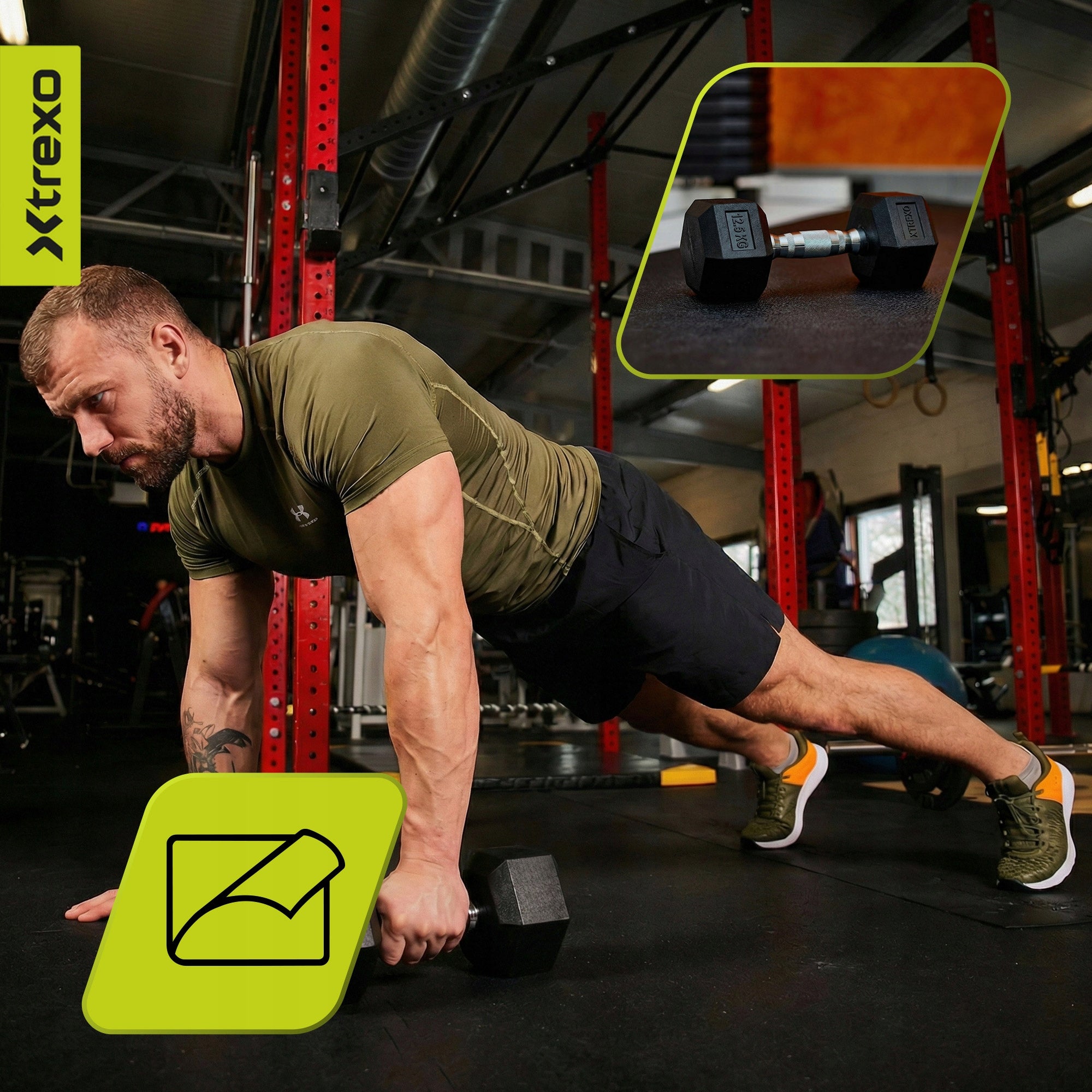 Rubberized dumbbell XTREXO Hex 12.5kg CAST IRON NON-SLIP FOR EXERCISE Kind coated/rubberized