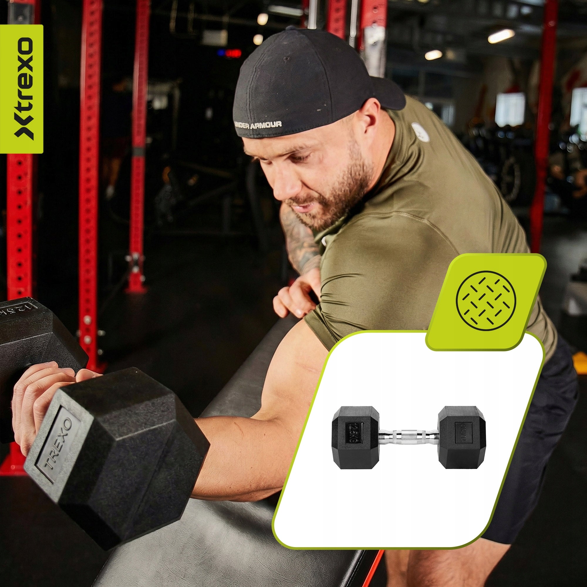 Rubberized dumbbell XTREXO Hex 12.5kg CAST IRON NON-SLIP FOR EXERCISE Model Hex