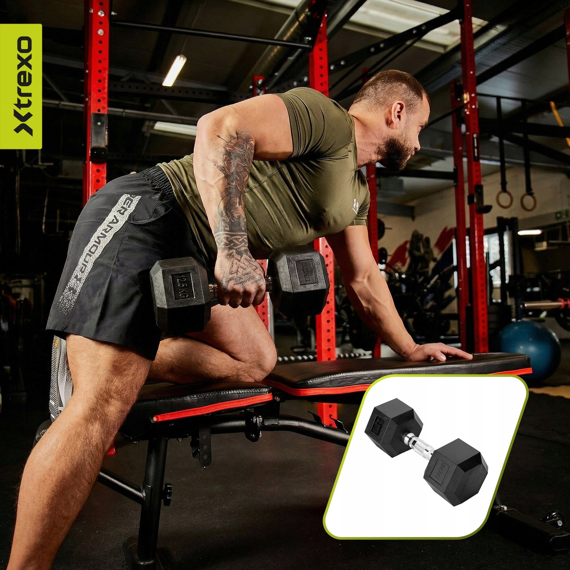 Rubberized dumbbell XTREXO Hex 12.5kg CAST IRON NON-SLIP FOR EXERCISE Weight 1x 12,5 kg