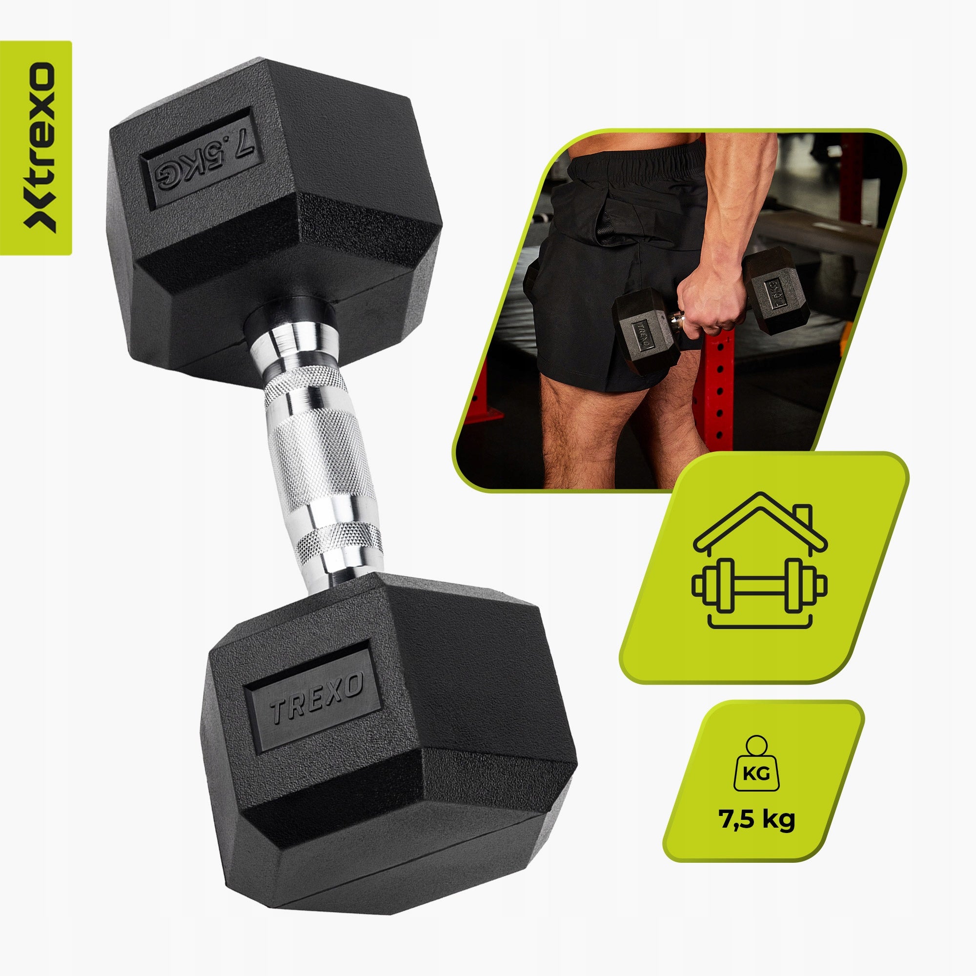 Rubberized dumbbell XTREXO Hex 7.5kg CAST IRON SOLID FOR NON-SLIP EXERCISES Brand Xtrexo