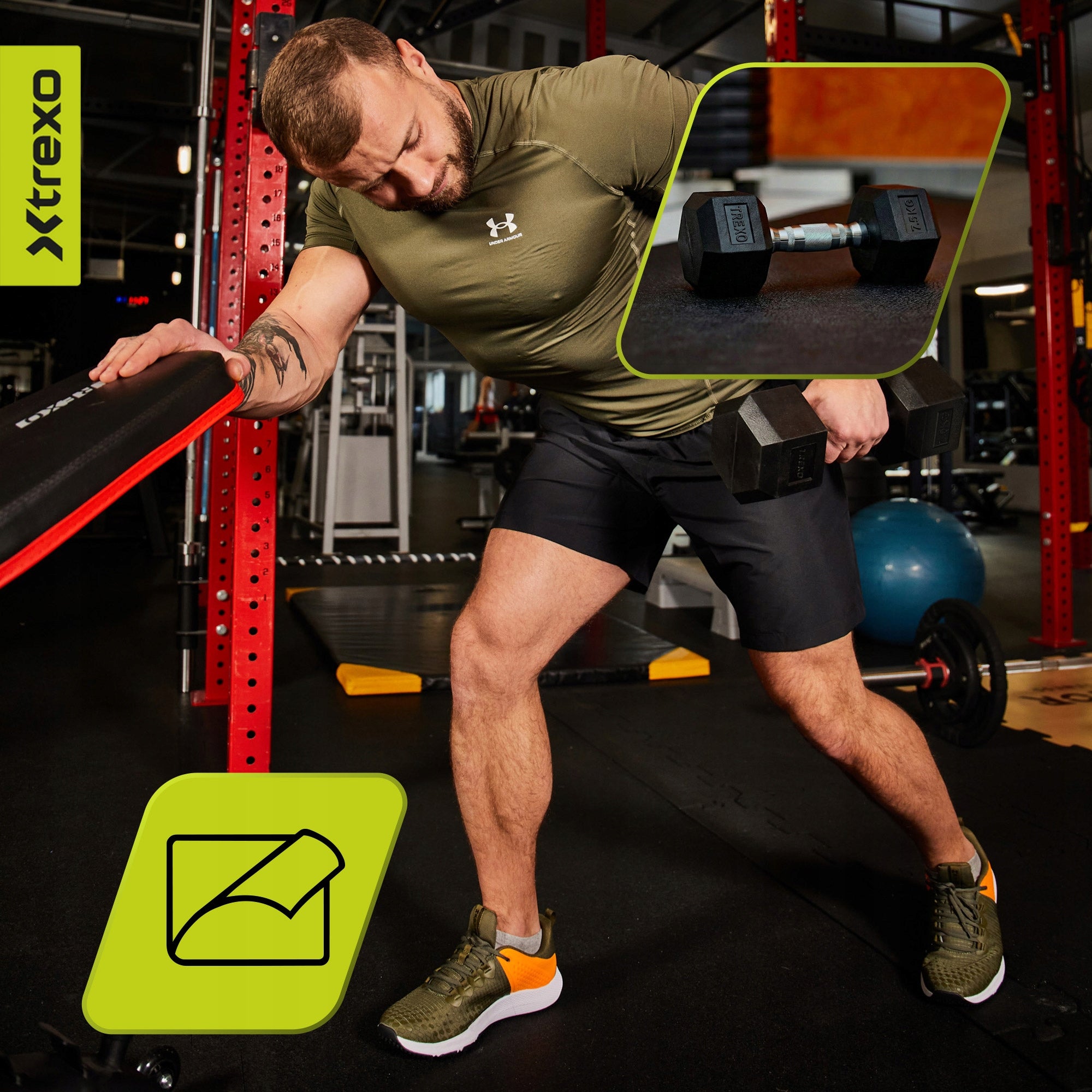 Rubberized dumbbell XTREXO Hex 7.5kg CAST IRON SOLID FOR NON-SLIP EXERCISES Kind coated/rubberized