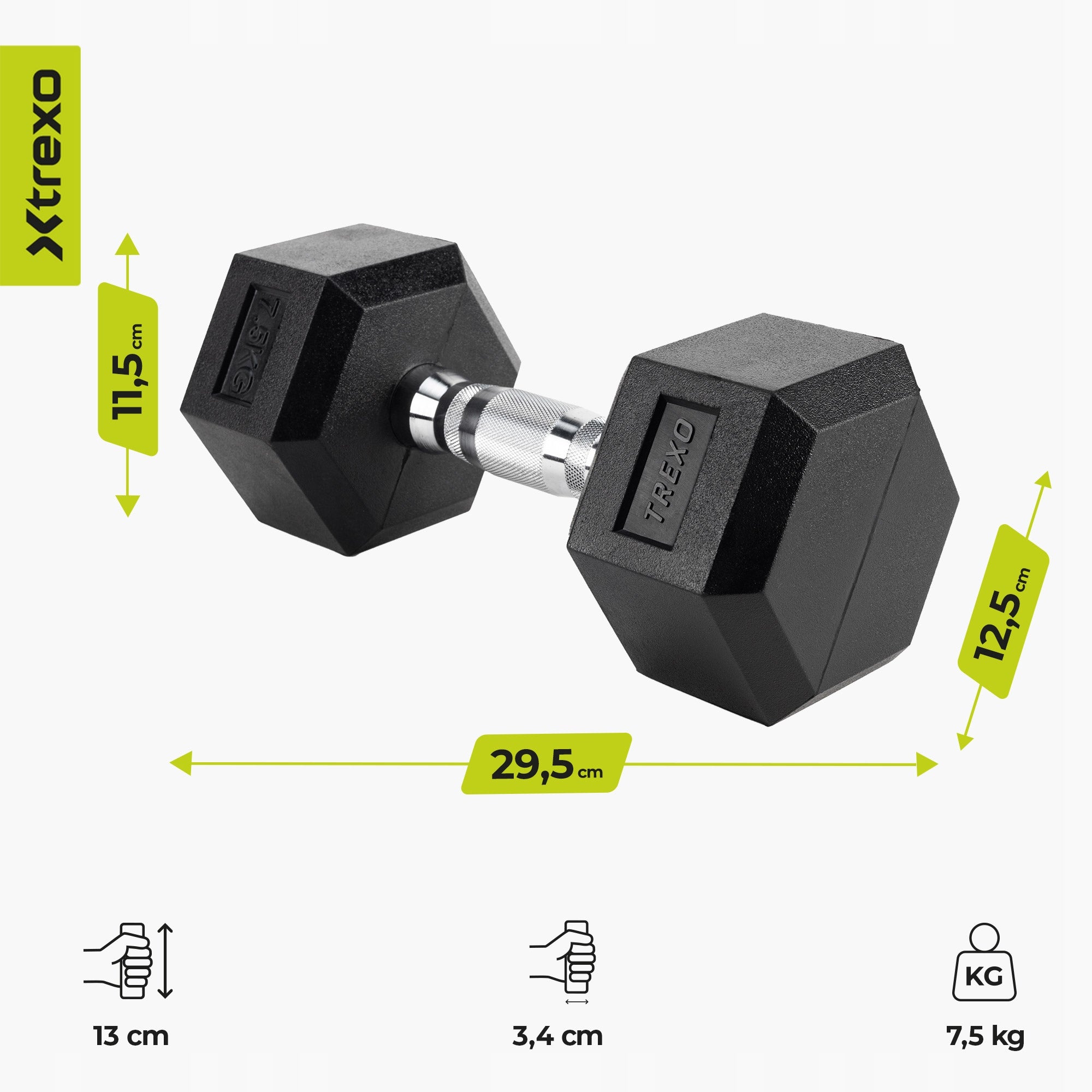 Rubberized dumbbell XTREXO Hex 7.5kg CAST IRON SOLID FOR NON-SLIP EXERCISES Manufacturer code HXD75