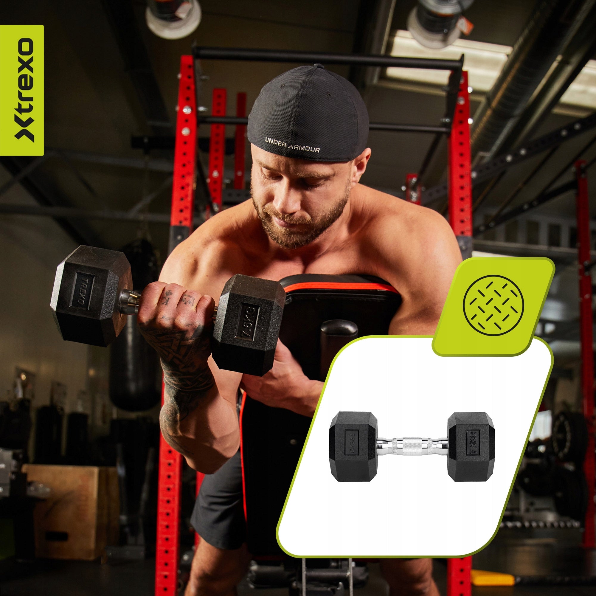 Rubberized dumbbell XTREXO Hex 7.5kg CAST IRON SOLID FOR NON-SLIP EXERCISES Model Hex HXD75