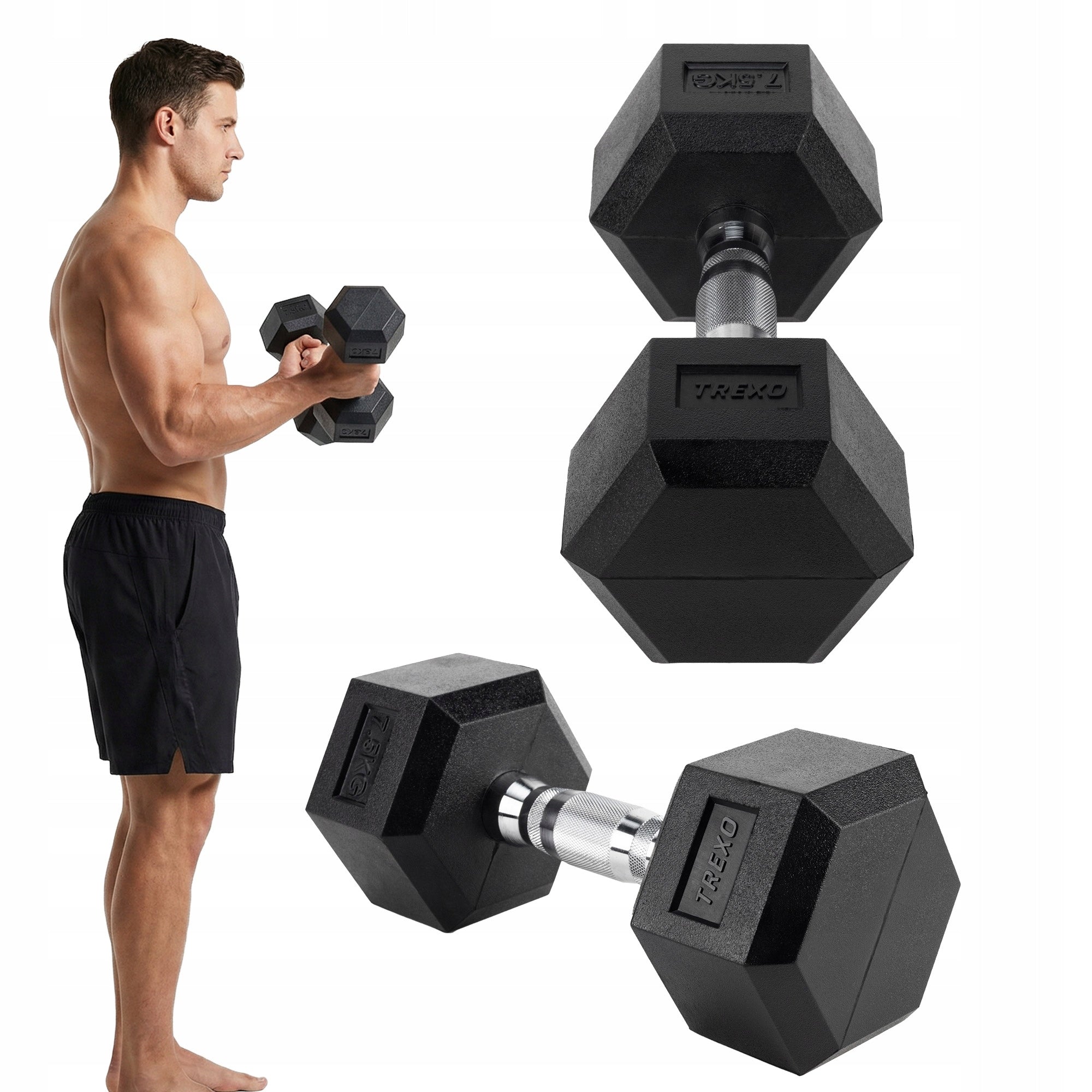 Rubberized dumbbell XTREXO Hex 7.5kg CAST IRON SOLID FOR NON-SLIP EXERCISES