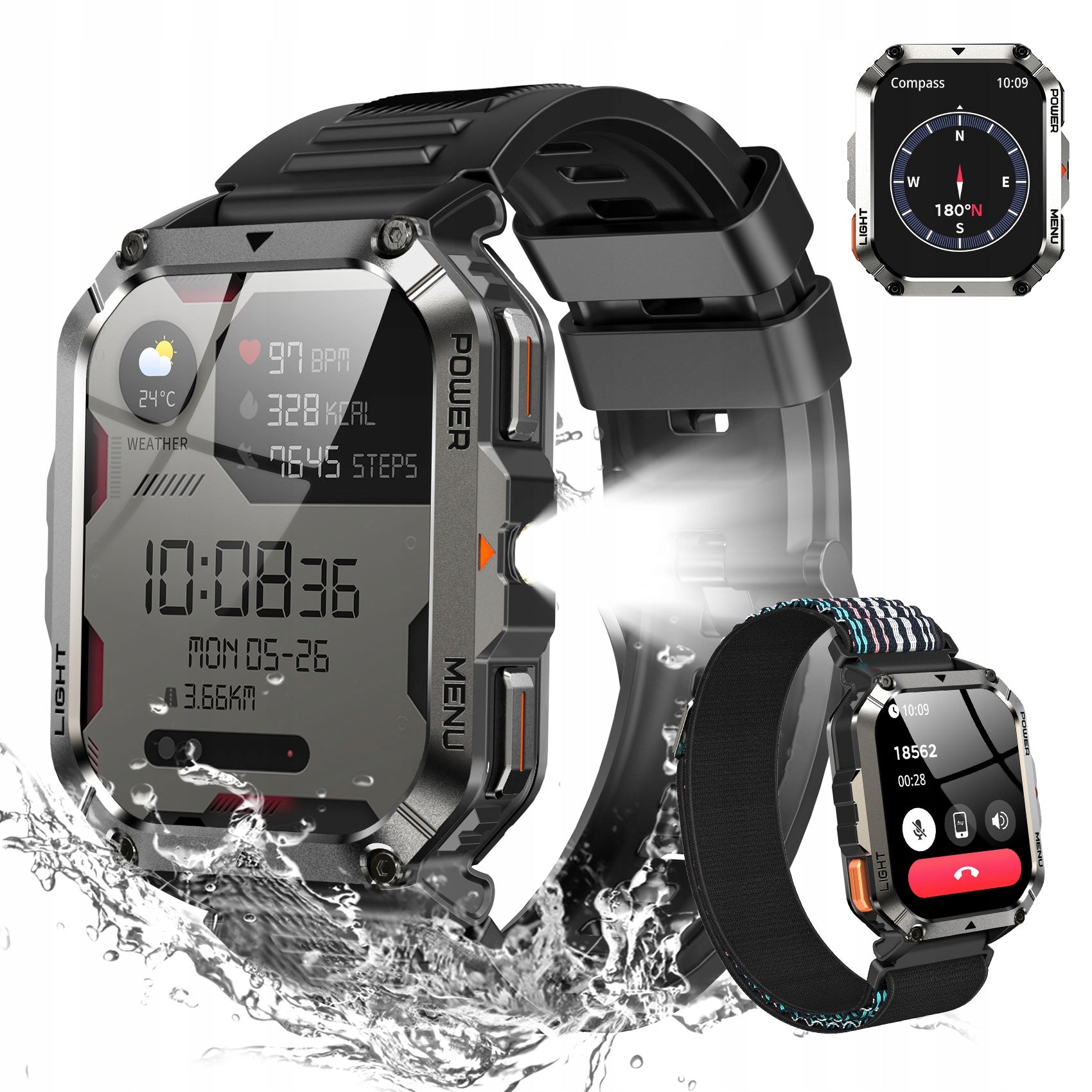 Rugged Smartwatch Men'swatch Waterproof 20-Day battery Pl Menu Pedometer