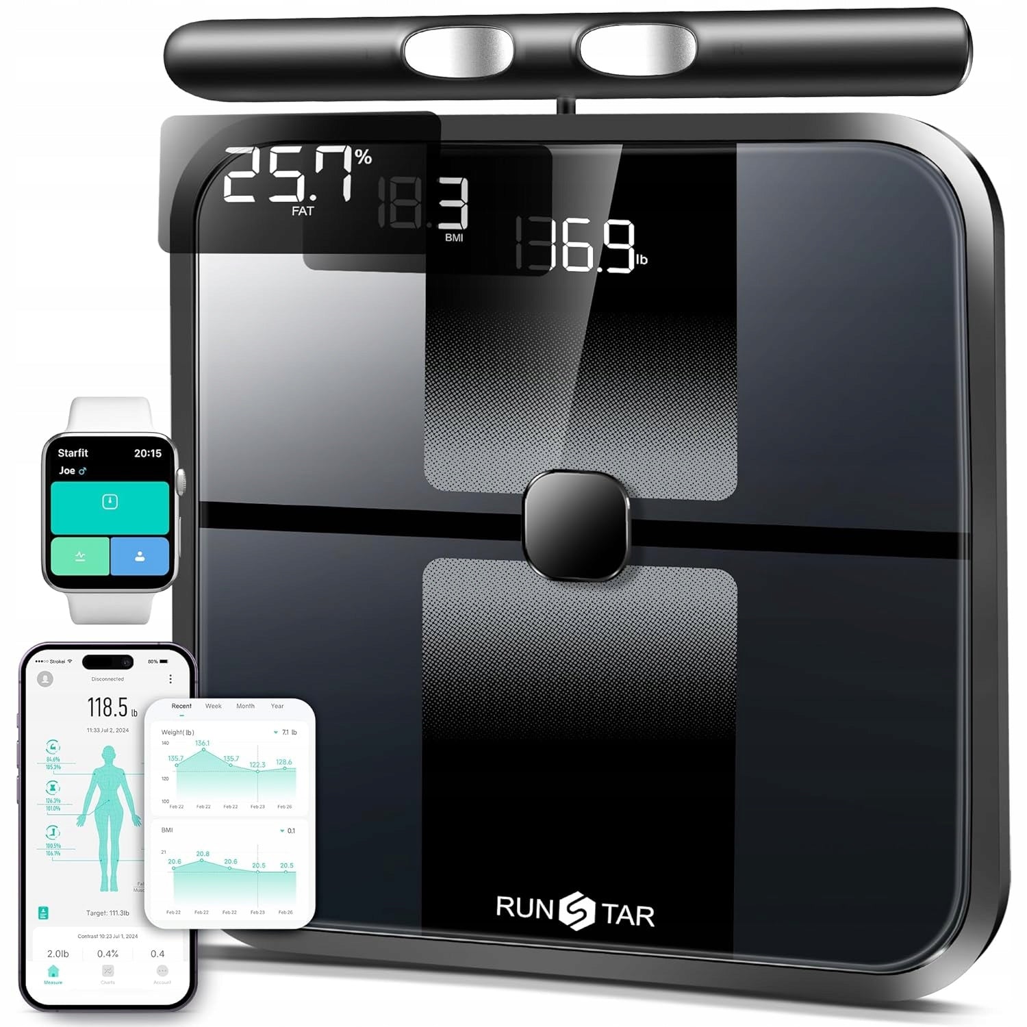 RunSTAR Báscula bathroom scale 8 electrodes 28 meters BMI LED 180kg