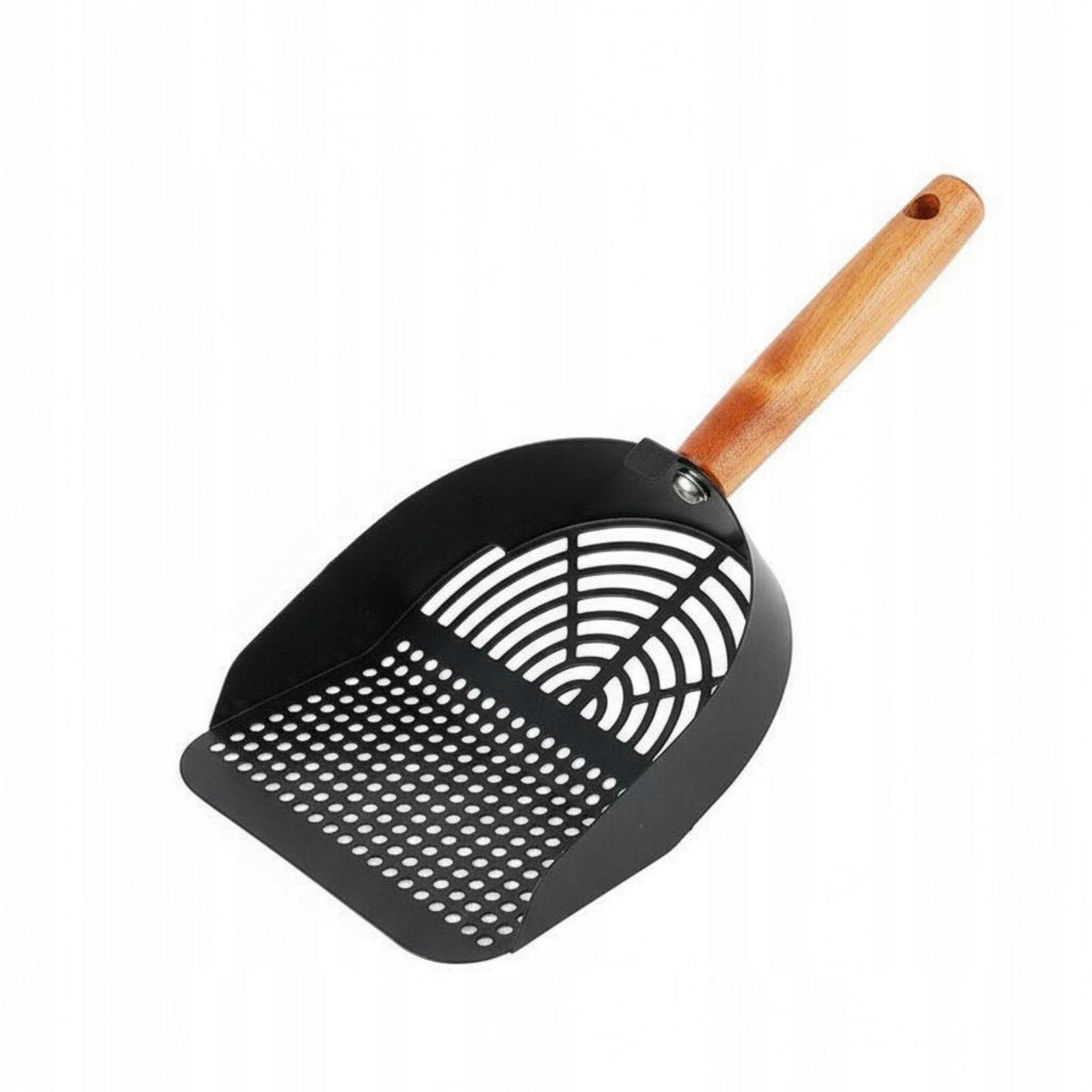 Rust Resistant Metal Cat Litter Shovel Wood Handle Black Round Hole