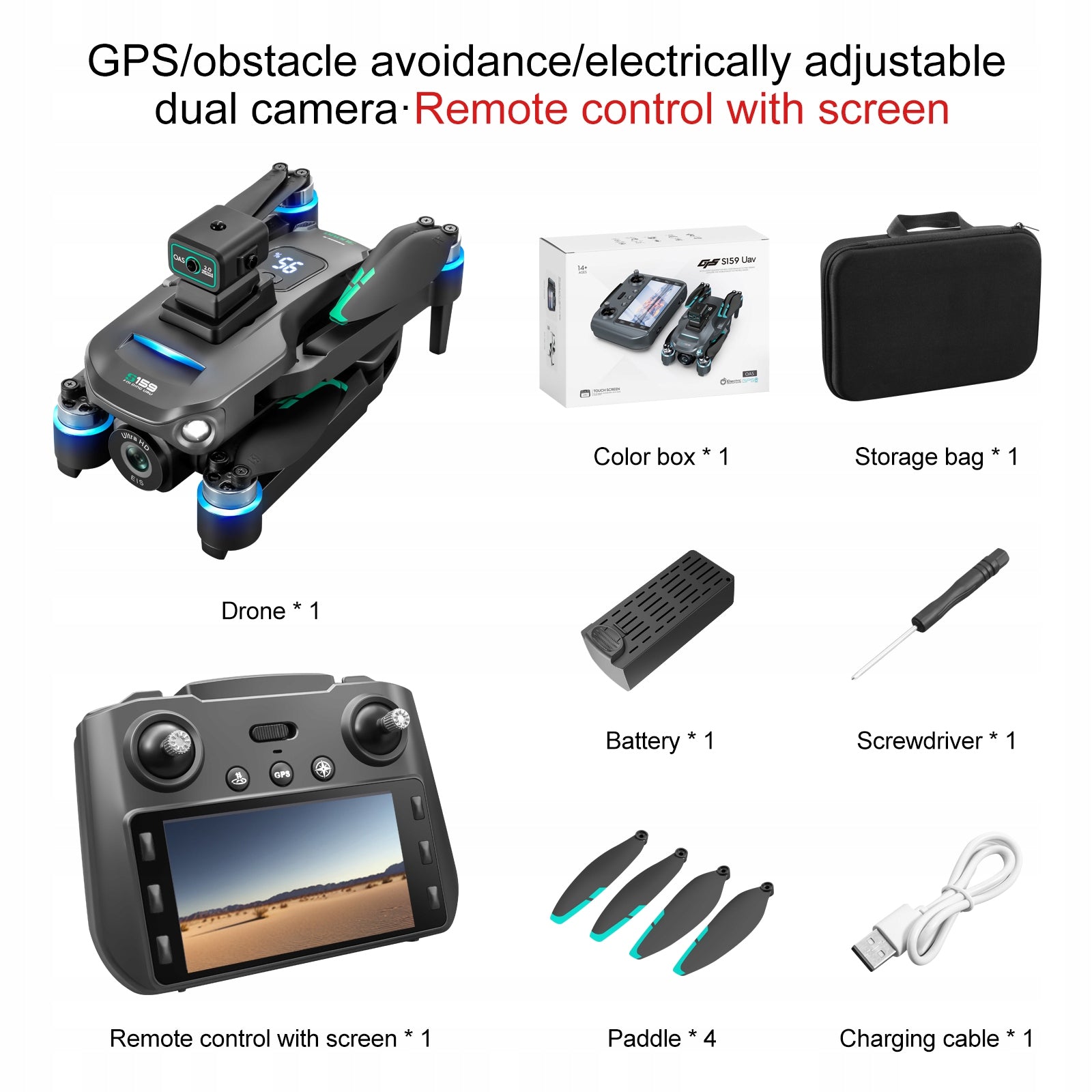 S159 Drone with 5G Screen Remote, GPS, Obstacle Avoidance, Dual Camera