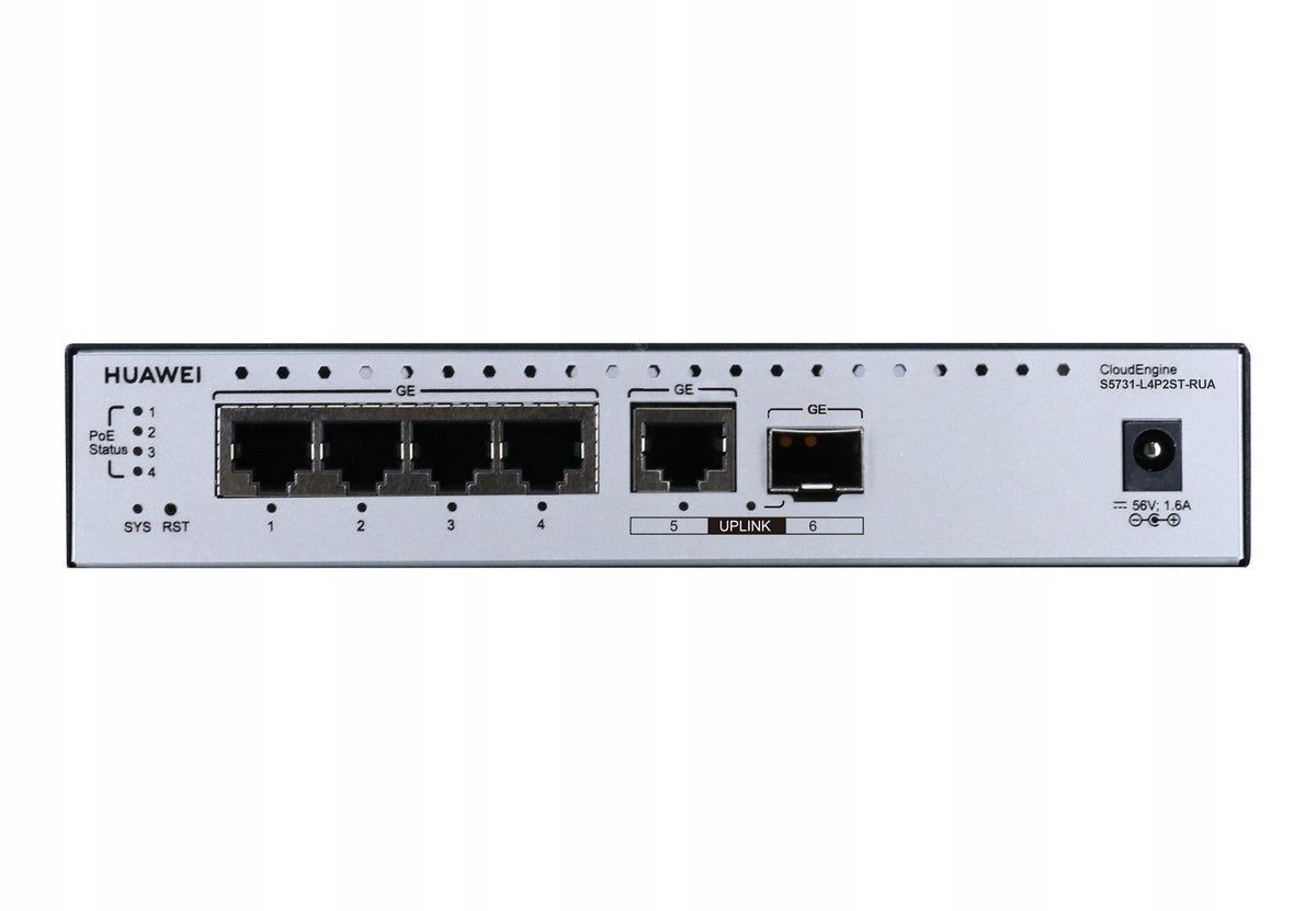 S5731-L4P2ST-RUA 4x1GE RJ45 (PoE++ 77W) 1x1G SFP 1x1GE RJ45 PSU included EAN (GTIN) 4901807084797