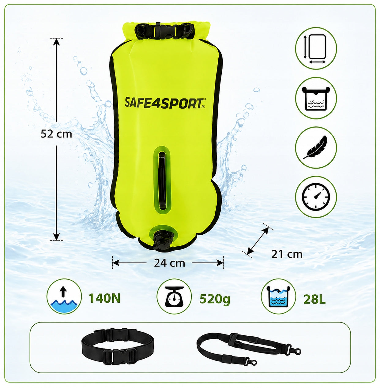 SAFETY BUOY FOR SWIMMING INFLATABLE TWO-CHAMBER WITH POCKET LARGE 28L For swimming