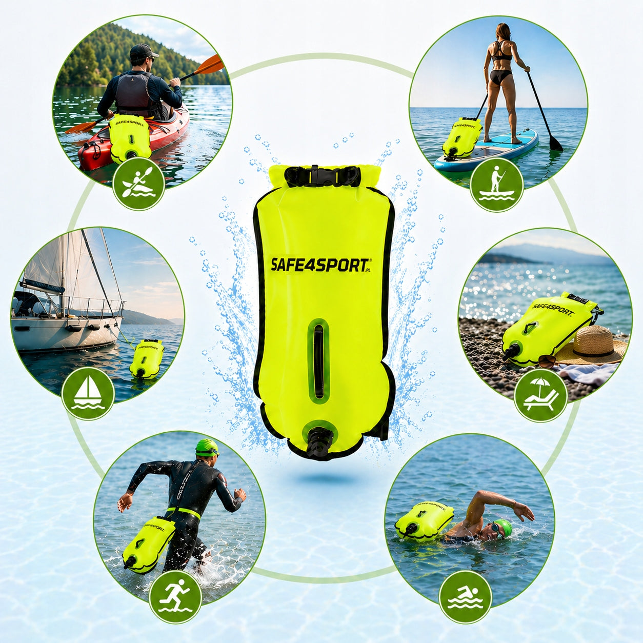 SAFETY BUOY FOR SWIMMING INFLATABLE TWO-CHAMBER WITH POCKET LARGE 28L Model MasterSwimmer Neon Green