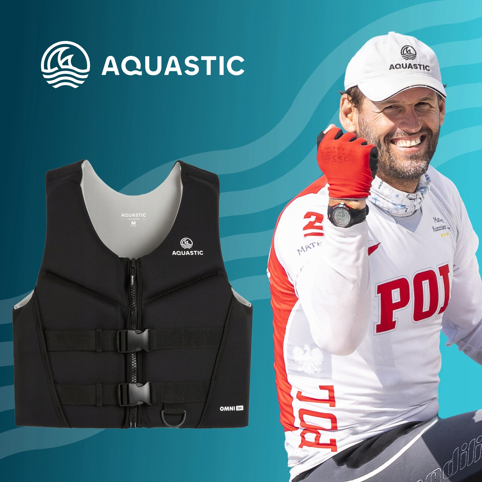SAFETY VEST AQUASTIC OMNI 50N FOR ADULTS ON KAYAK SUP L Manufacturer code AQS-B5I064-BK