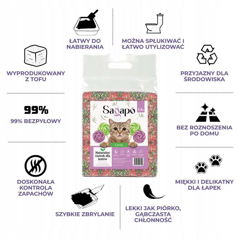 SAGAPO Organic Super Clumping Tofu Litter for Cat Candy 2,5kg Packaging status original