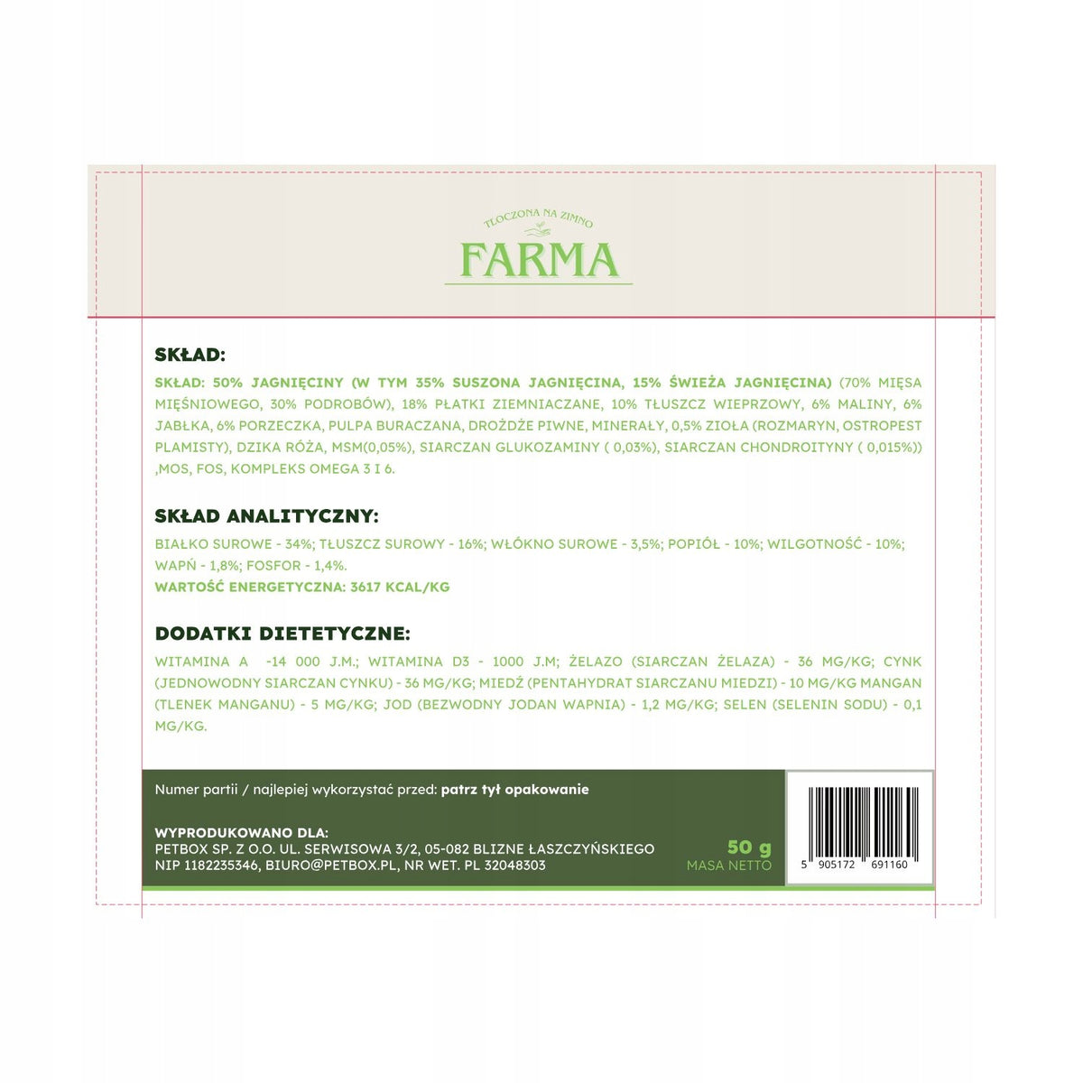 SAMPLE Farma – Cold Pressed Lamb 50g Manufacturer code 5905172691160