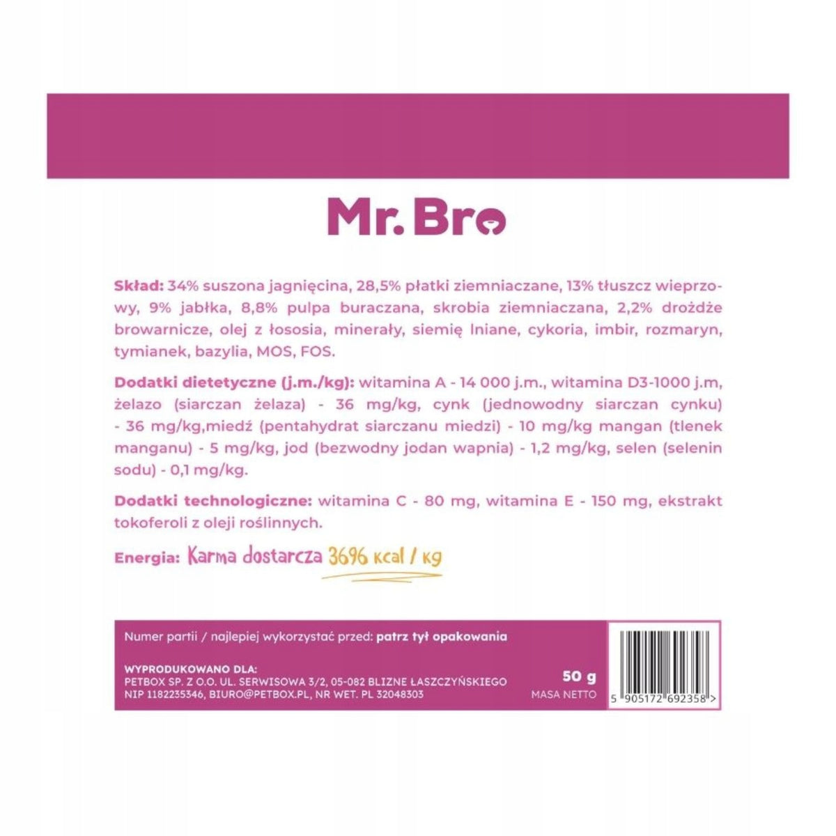 SAMPLE Mr. Bro Lamb Dry Food for Adult Dogs 50g Packaging status original