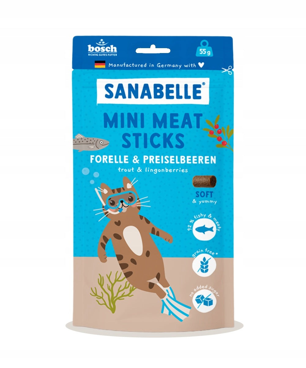 SANABELLE MINI MEAT STICKS SOFT KABANOSY TREAT CAT TROUT AND CRANBERRY