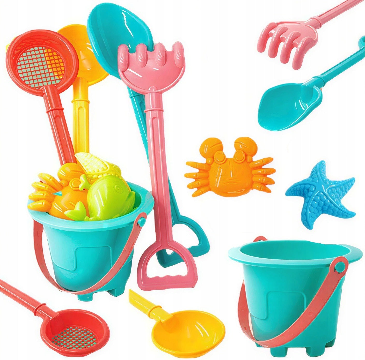 SAND SANDBOX SET BUCKET MOLDS RAKE STRAINER RAKES