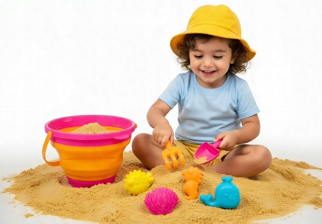 SAND TOY SET COLORFUL BUCKET FOLDING MOLDS SPATULA RAKE Kid's age 3＋ years