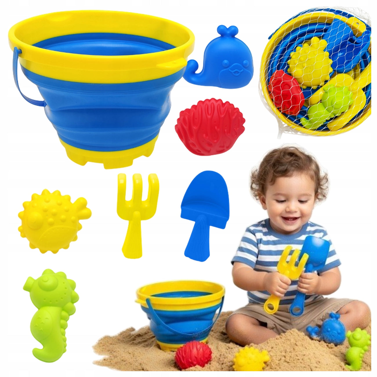 SAND TOY SET COLORFUL BUCKET FOLDING MOLDS SPATULA RAKE Kind set
