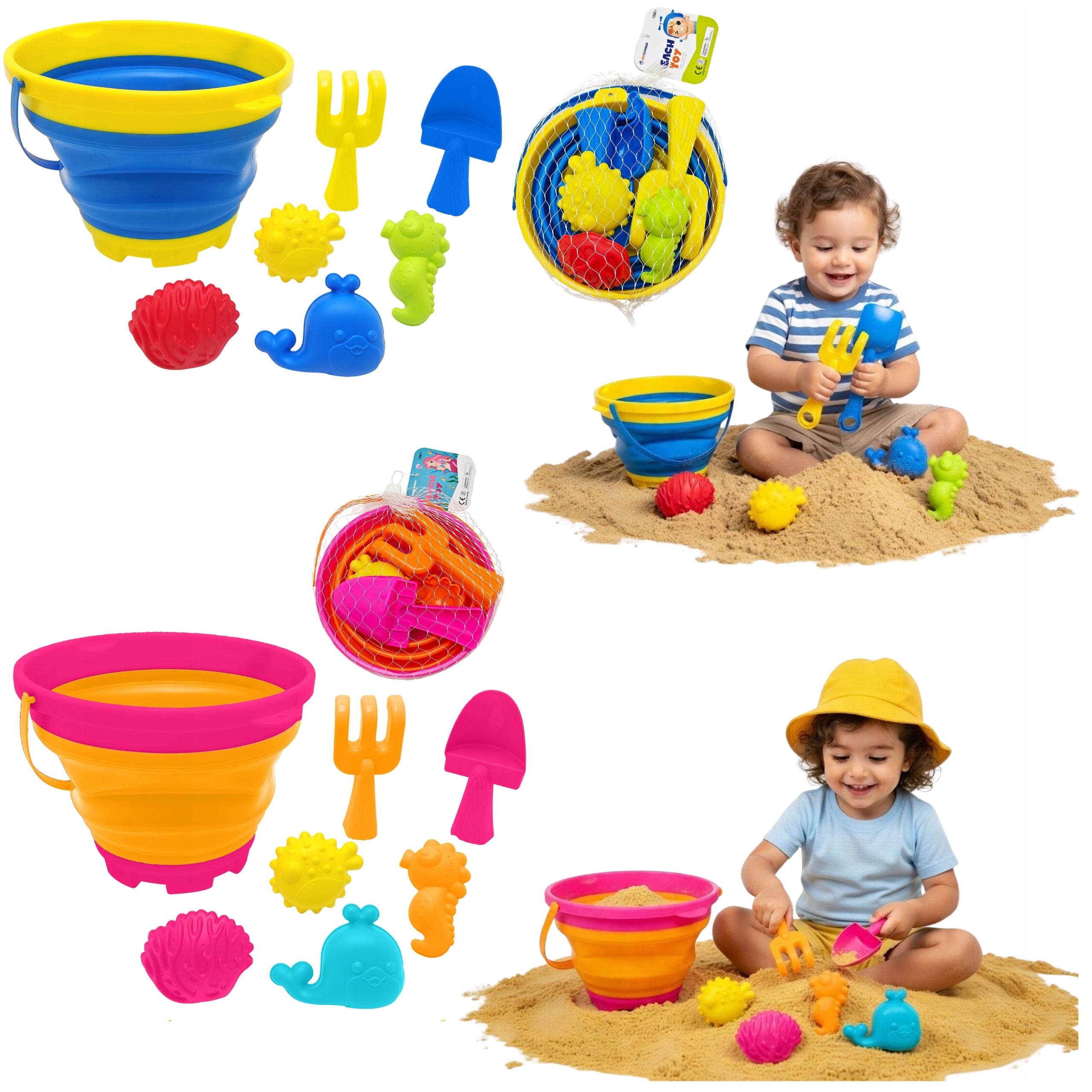 SAND TOY SET COLORFUL BUCKET FOLDING MOLDS SPATULA RAKE Packaging status original