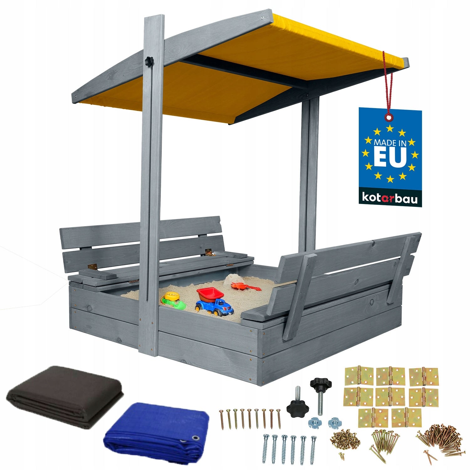 SANDBOX FOR CHILDREN LARGE WOODEN CANOPY YELLOW IMPREGNATED 100X100 CM