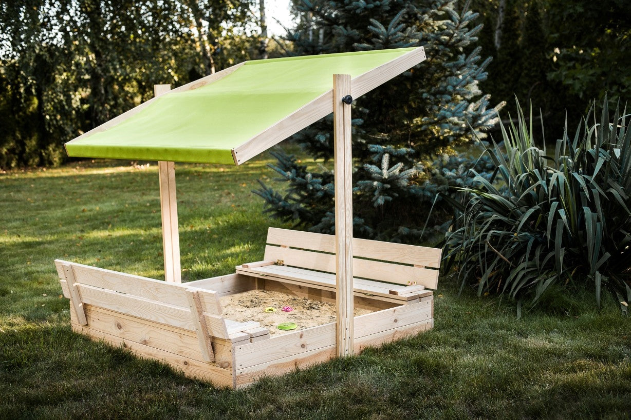 SANDBOX WITH VISOR WOODEN CLOSED 120 WITH BENCHES - POLISH MANUFACTURER Packaging status original