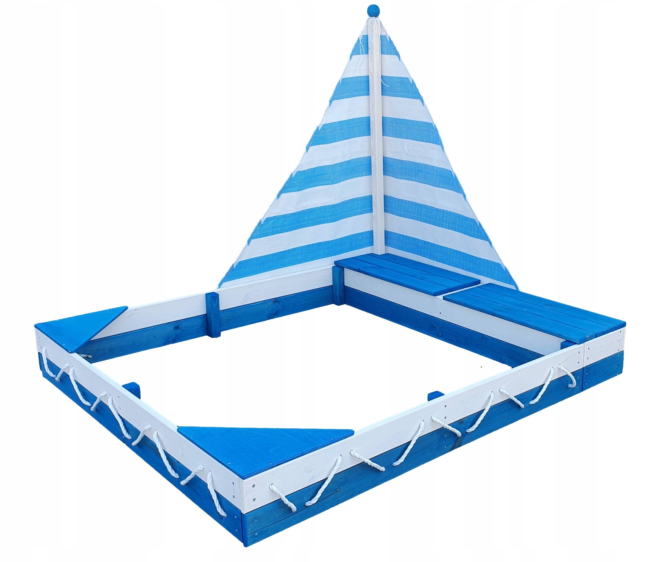 SANDBOX WOODEN LARGE FOR CHILDREN SAILBOAT WITH BENCHES BLUE AND WHITE Additional information sun canopy bench