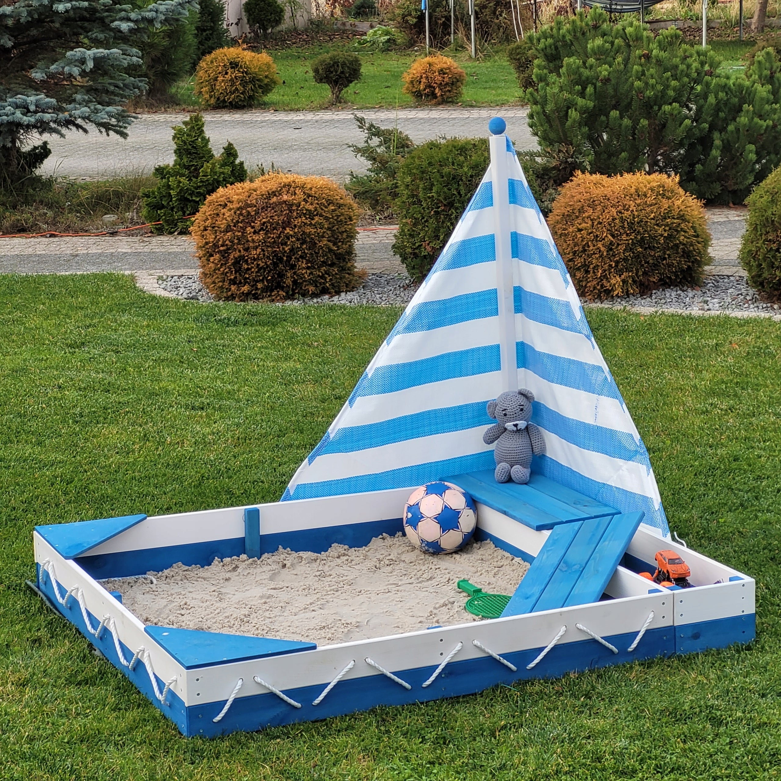 SANDBOX WOODEN LARGE FOR CHILDREN SAILBOAT WITH BENCHES BLUE AND WHITE Kind wooden