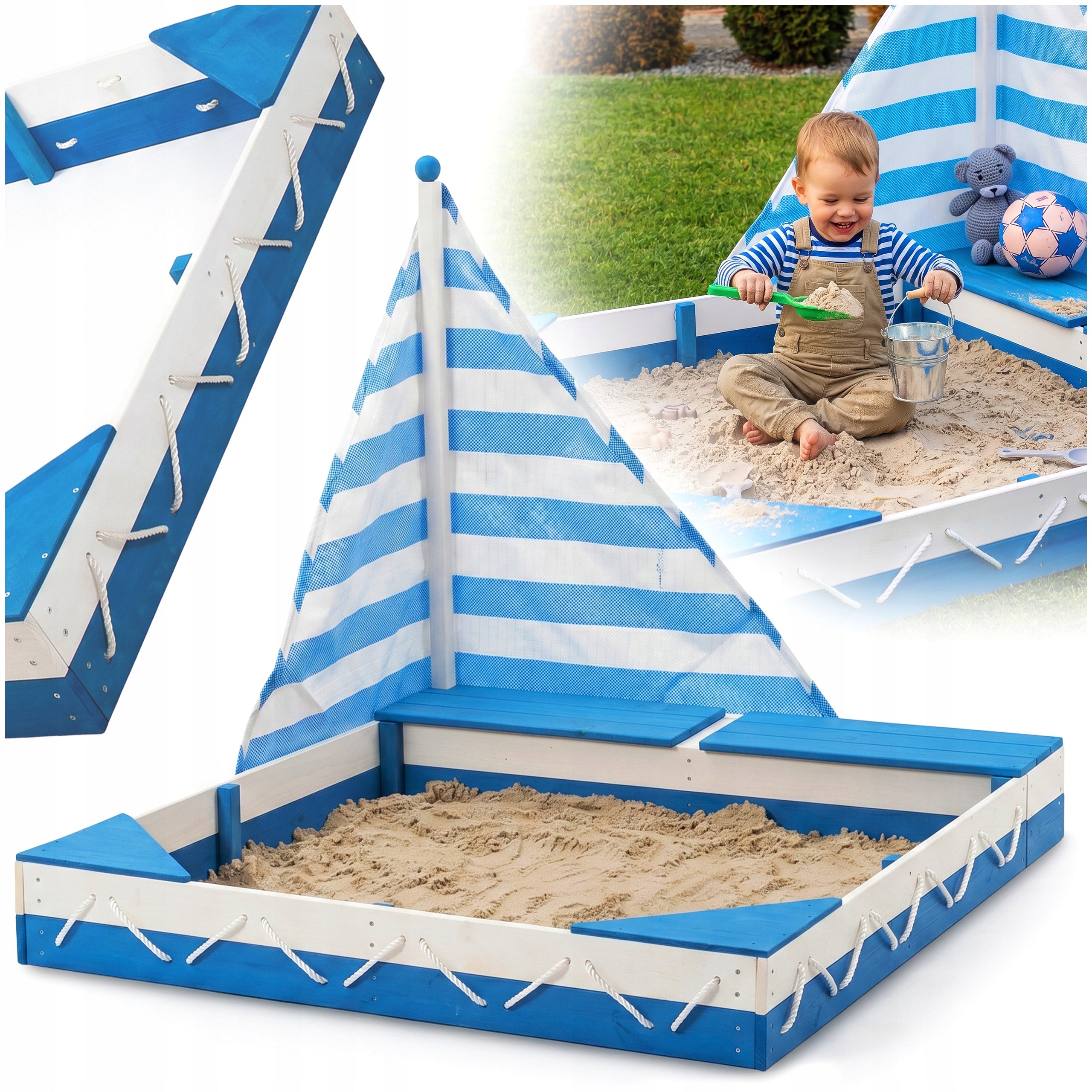 SANDBOX WOODEN LARGE FOR CHILDREN SAILBOAT WITH BENCHES BLUE AND WHITE