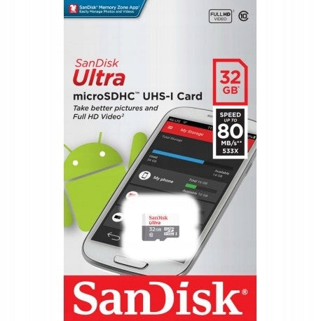 SANDISK 32GB micro SD HC Class 10 ULTRA 80 MB/s UHS-1 U1 memory card