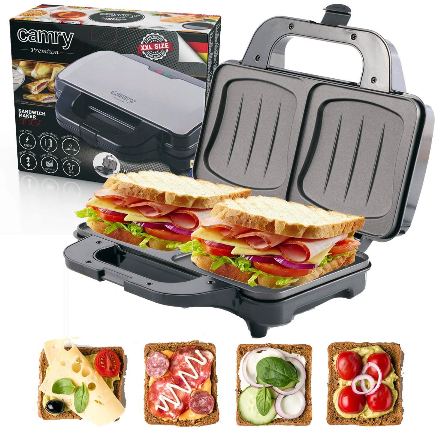 SANDWICH TOASTER ELECTRIC SANDWICH XXL COATING NON-STICK 1300W Power rating 1300 W