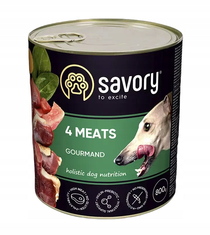 SAVORY 4 MEAT FLAVOURED WET FOOD FOR PICKY DOGS OF ALL BREEDS 800 G