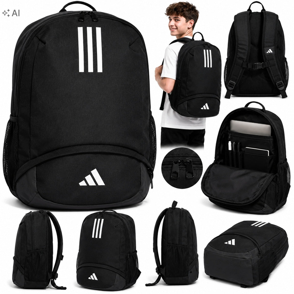 SCHOOL BACKPACK ADIDAS YOUTH BLACK SPORTS SCHOOL BACKPACKS LARGE TRIO