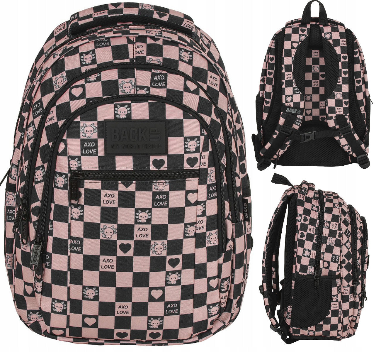 SCHOOL BACKPACK BACKUP 26L MULTI-CHAMBER CHESSBOARD HEARTS AXOLOT O15