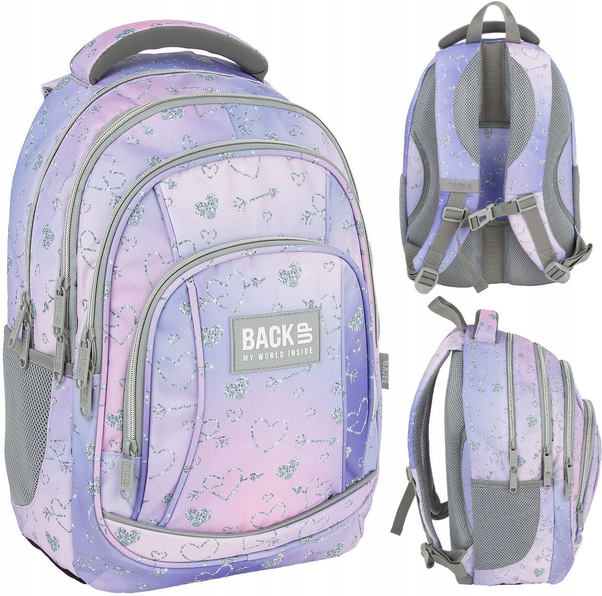 SCHOOL BACKPACK BACKUP 26L MULTI-CHAMBER SILVER HEARTS PASTEL OMBRE A32