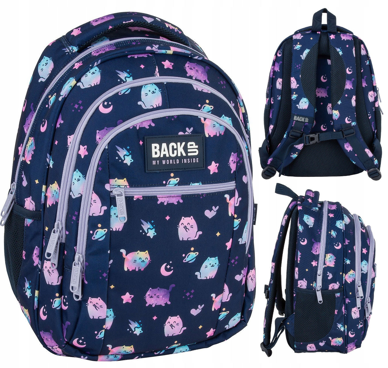 SCHOOL BACKPACK BACKUP 26L MULTI-CHAMBER SPACE KITTENS STARS O25