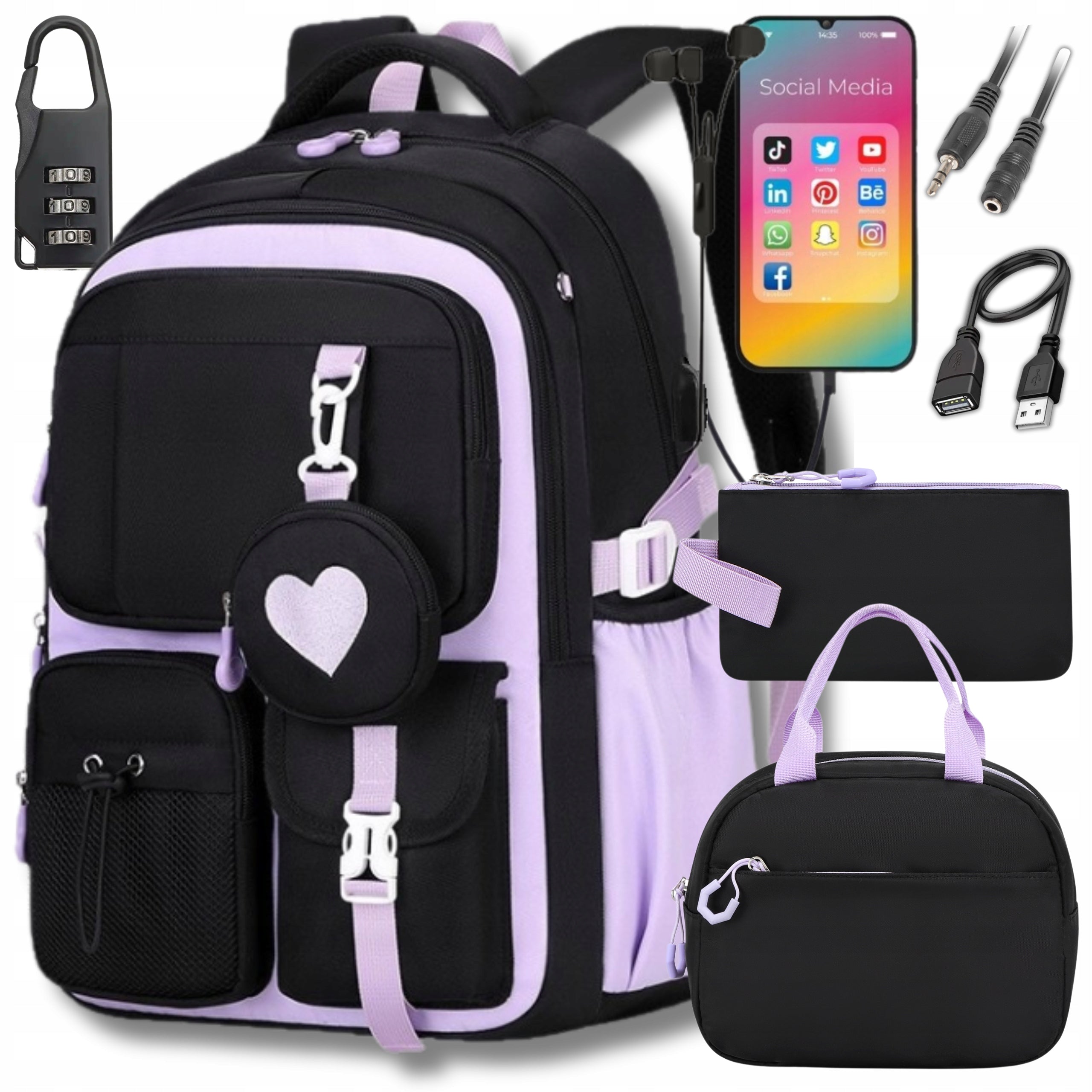 SCHOOL BACKPACK BLACK 7IN1 PENCIL CASE LUNCHBOX USB BERGENS