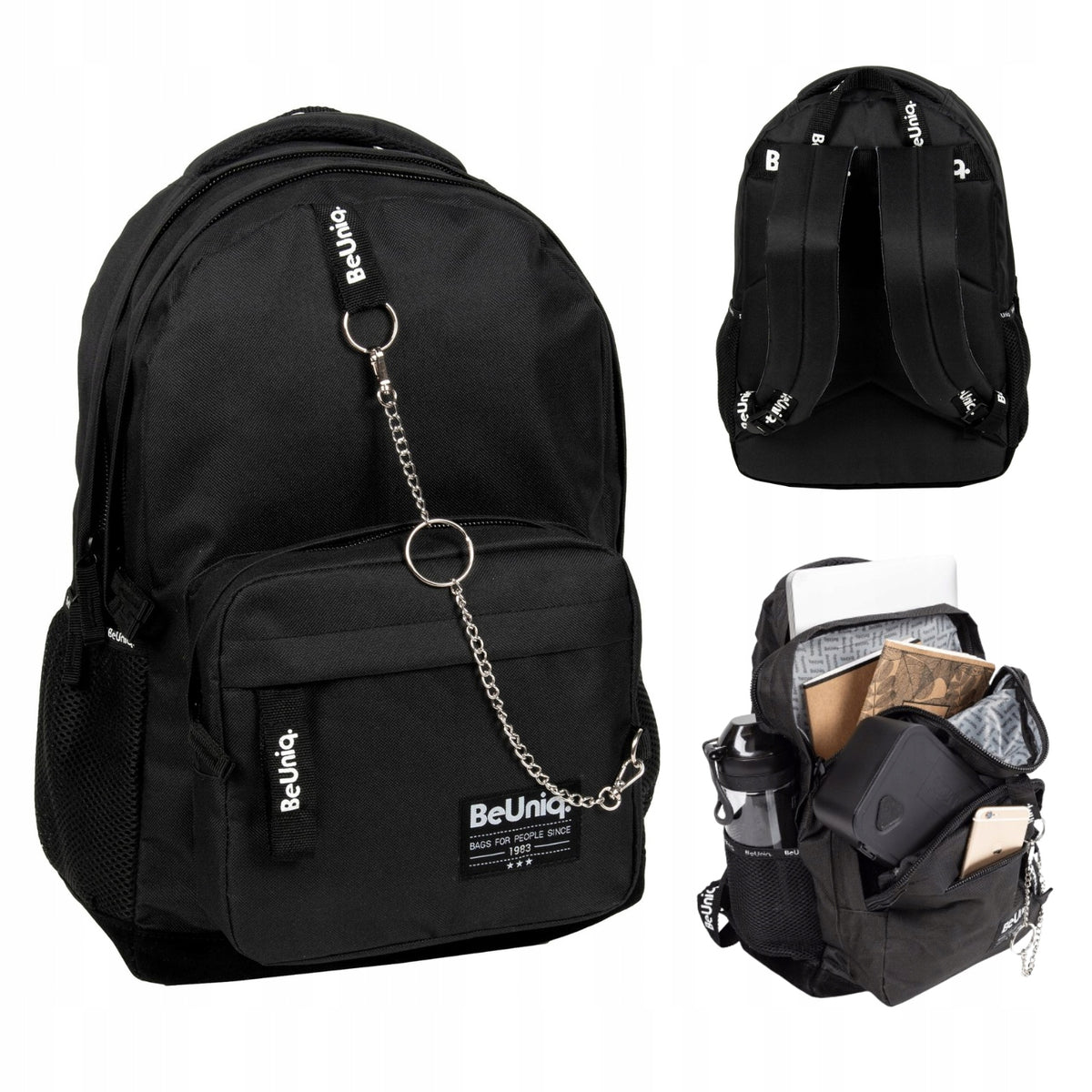 SCHOOL BACKPACK BLACK BEUNIQ BOY GIRL 1-3 4-8 MULTI-CHAMBER 21 L Packaging status original