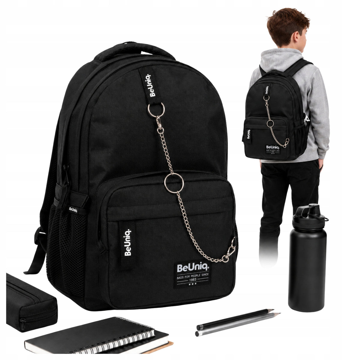 SCHOOL BACKPACK BLACK BEUNIQ BOY GIRL 1-3 4-8 MULTI-CHAMBER 21 L