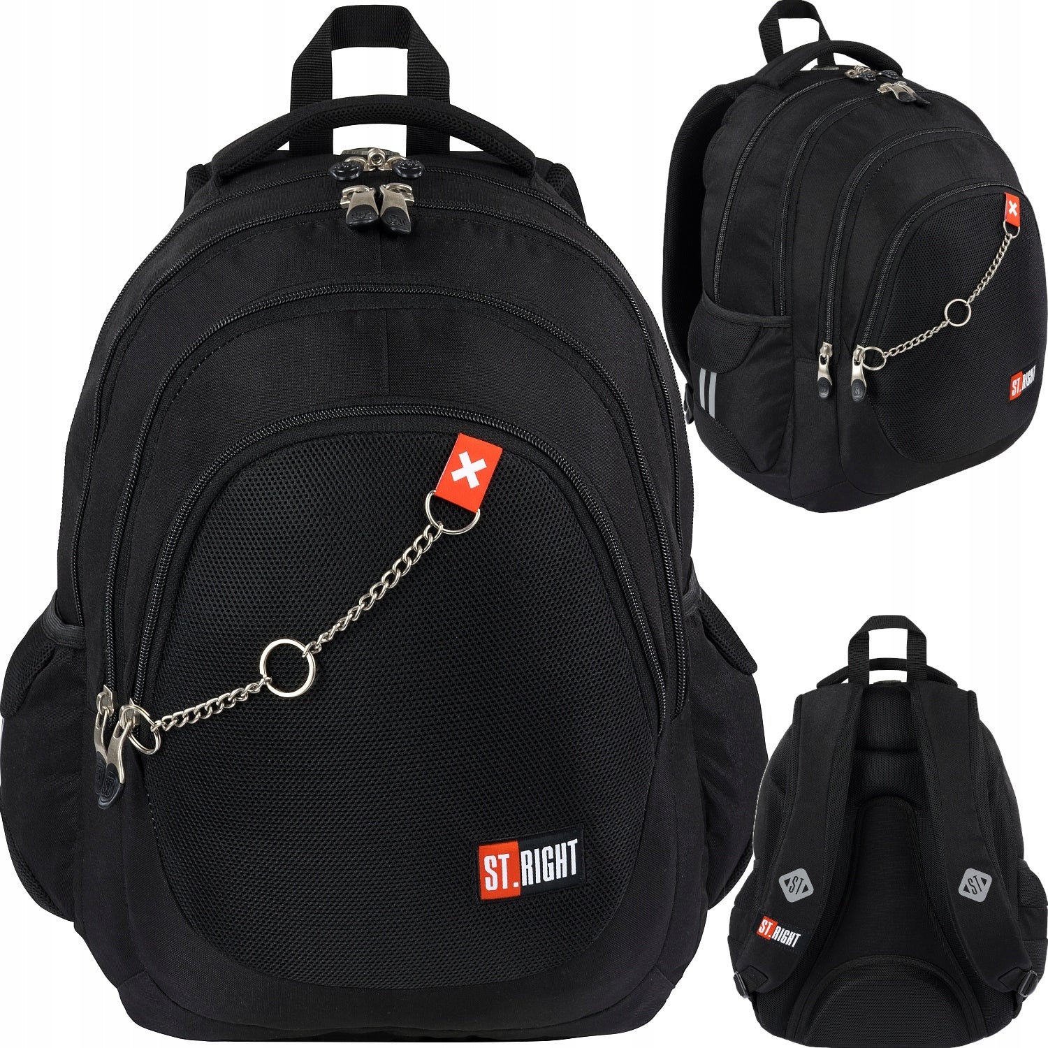 SCHOOL BACKPACK BLACK MULTI-CHAMBER X WHITE SATCHEL ST.RIGHT